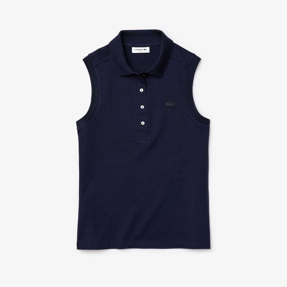 Navy Blue Lacoste Slim Fit Sleeveless Cotton Pique Polo Shirt | HAGTJQ-306