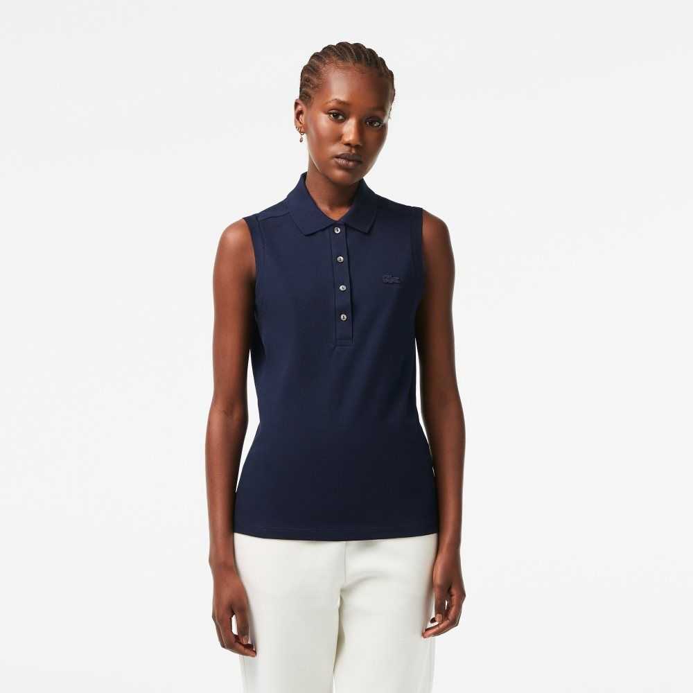 Navy Blue Lacoste Slim Fit Sleeveless Cotton Pique Polo Shirt | HAGTJQ-306