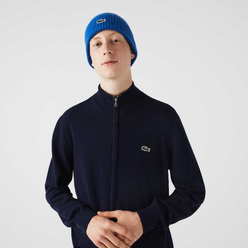 Navy Blue Lacoste Stand-Up Collar Organic Cotton Zippered Sweater | BTXICE-457