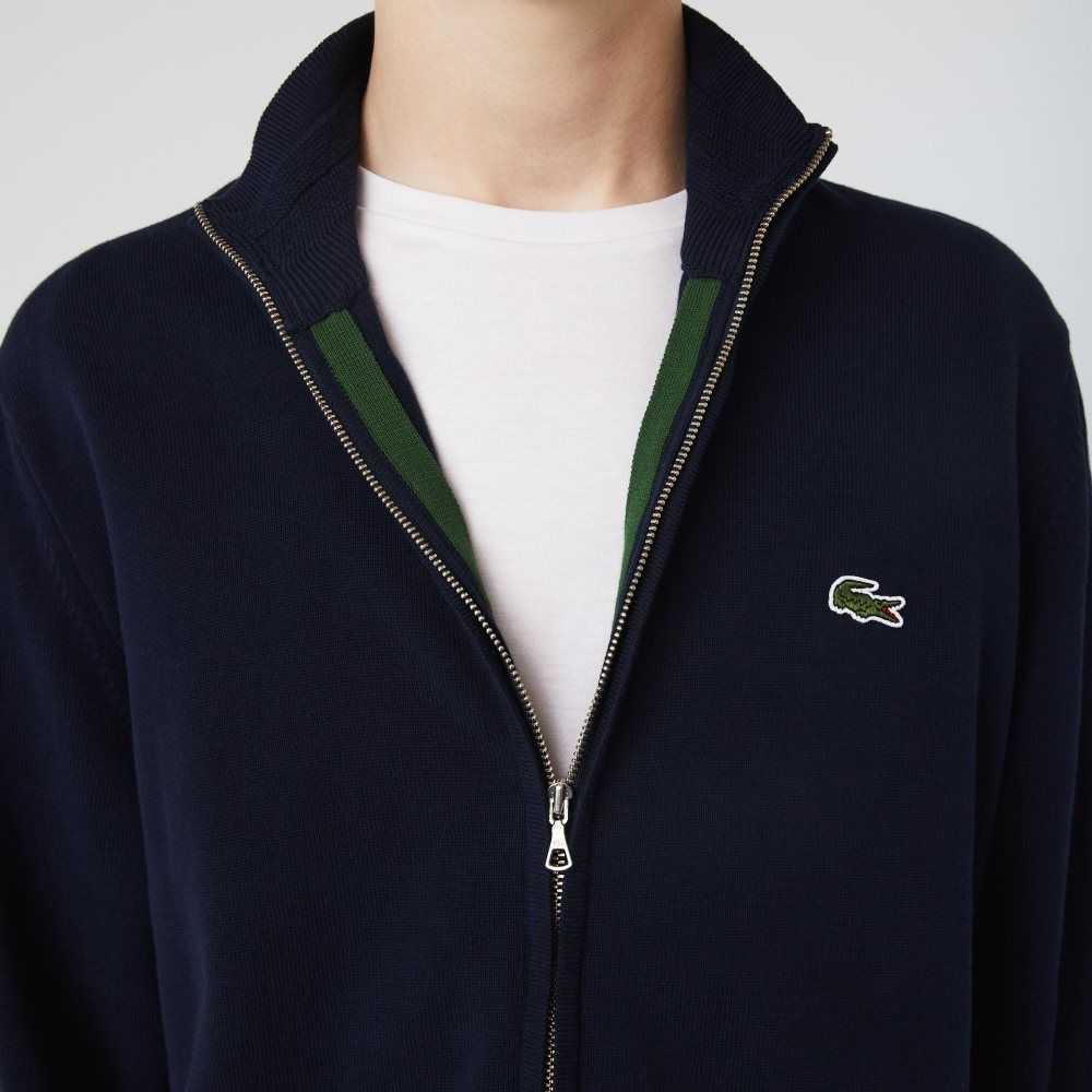 Navy Blue Lacoste Stand-Up Collar Organic Cotton Zippered Sweater | BTXICE-457