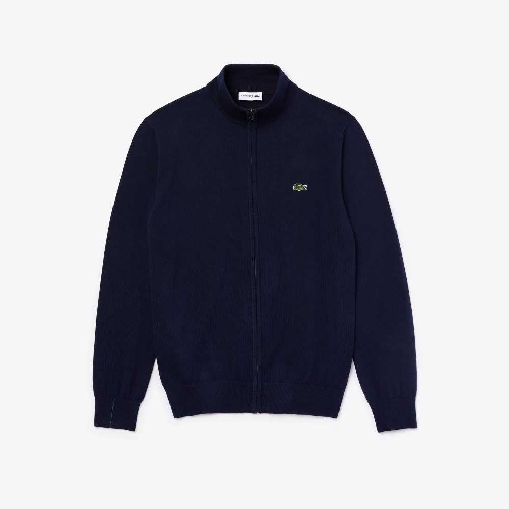 Navy Blue Lacoste Stand-Up Collar Organic Cotton Zippered Sweater | BTXICE-457