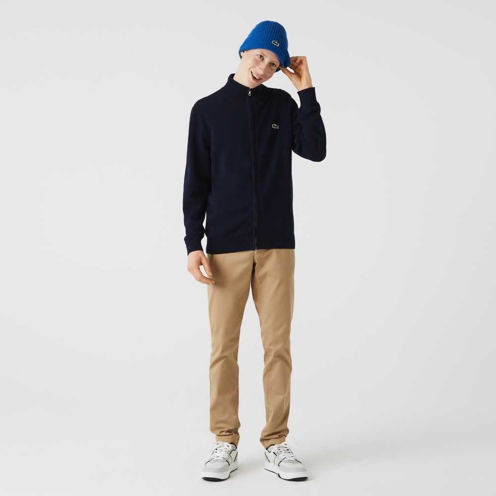 Navy Blue Lacoste Stand-Up Collar Organic Cotton Zippered Sweater | BTXICE-457