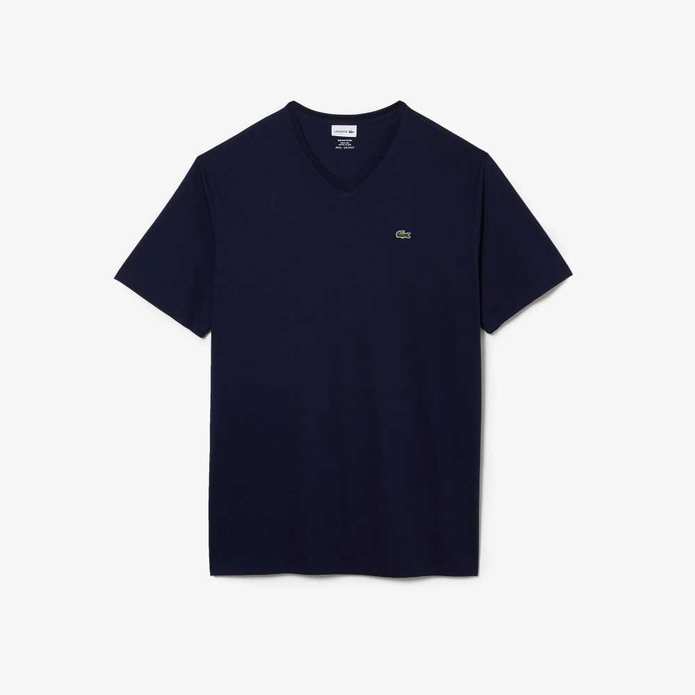 Navy Blue Lacoste Tall Fit Ribbed V-Neck Cotton Polo Shirt | AMJKEF-438