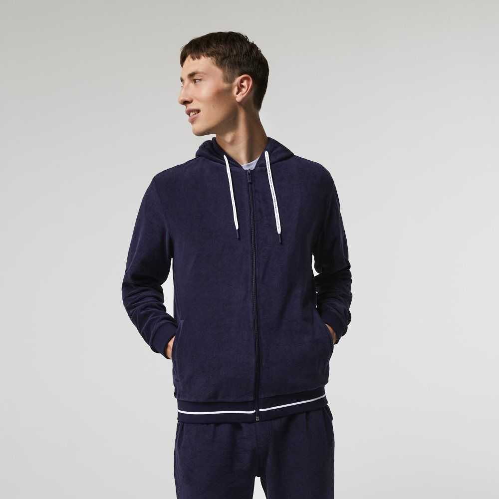 Navy Blue Lacoste Terrycloth Zip Lounge Sweatshirt | MWICDL-527