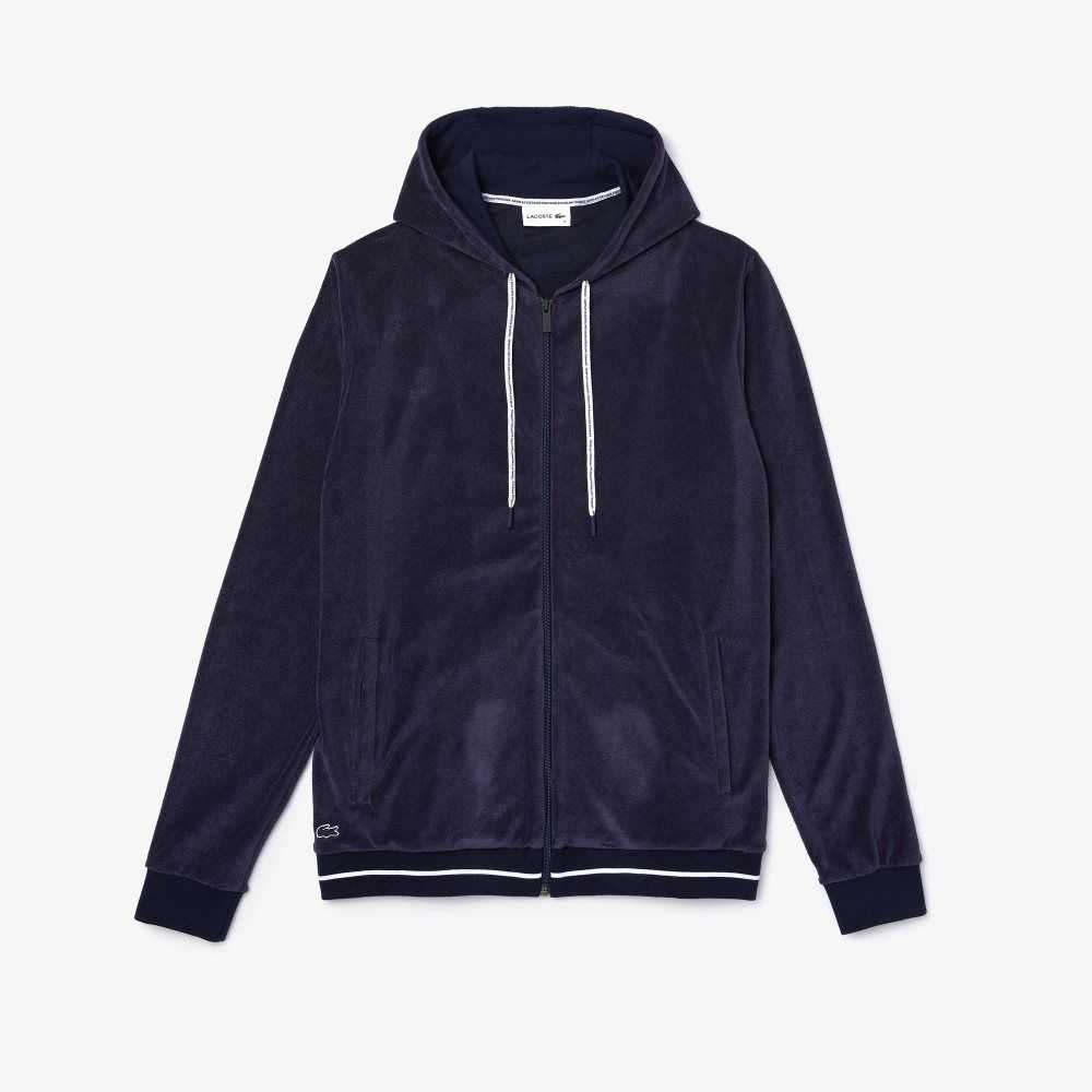 Navy Blue Lacoste Terrycloth Zip Lounge Sweatshirt | MWICDL-527