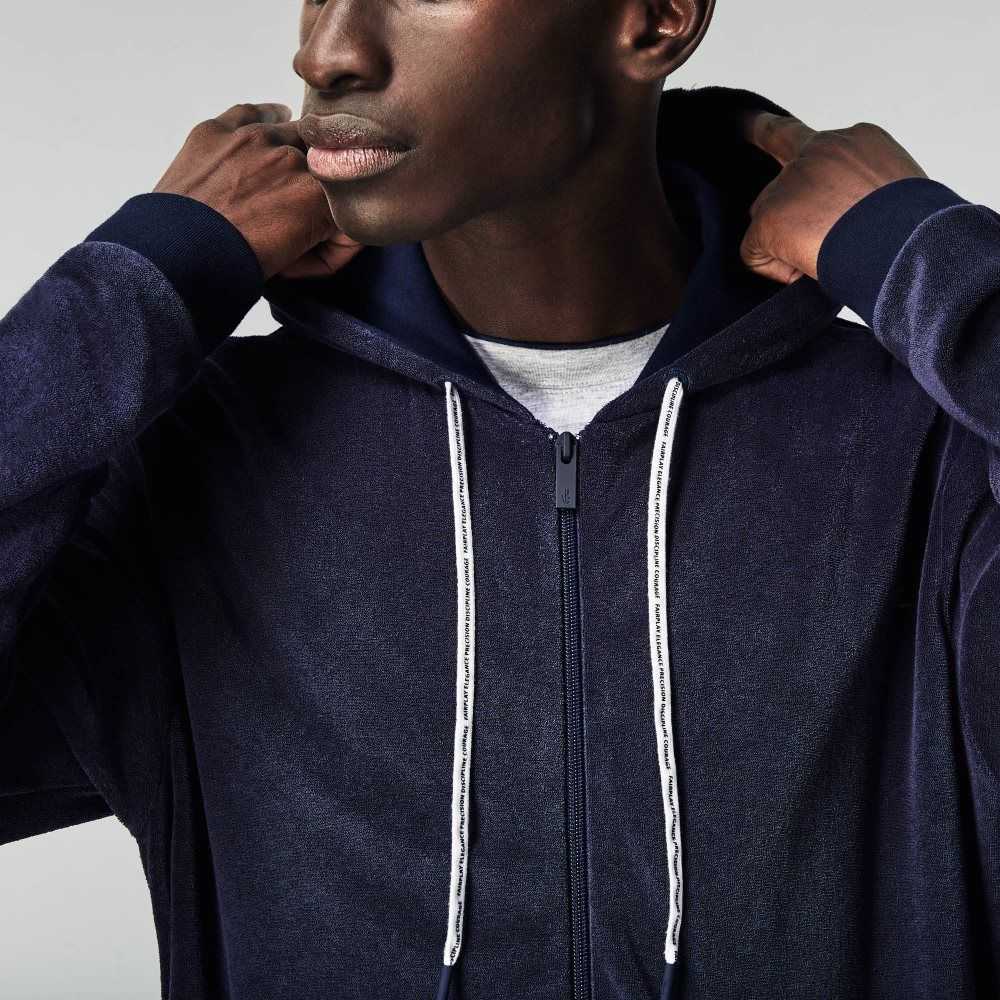 Navy Blue Lacoste Terrycloth Zip Lounge Sweatshirt | MWICDL-527