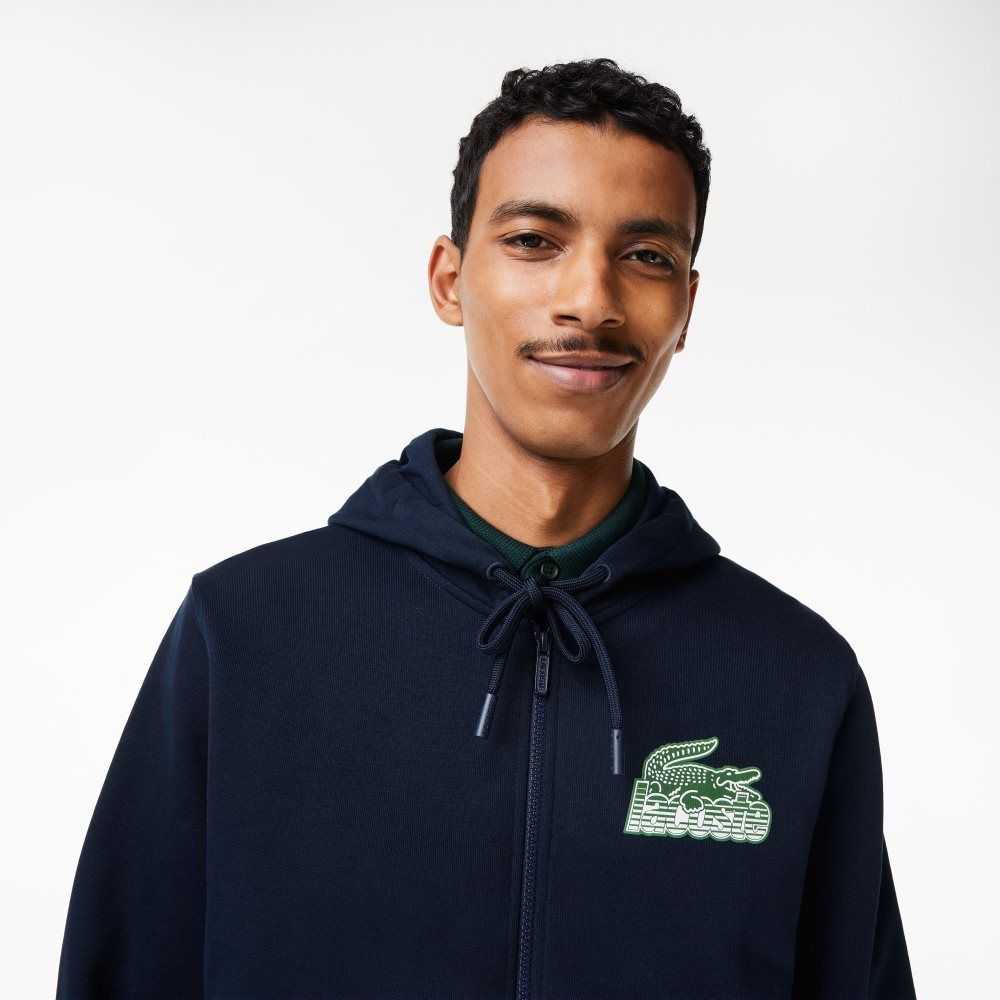 Navy Blue Lacoste Unbrushed Fleece Zipped Hoodie | YLXMZU-543