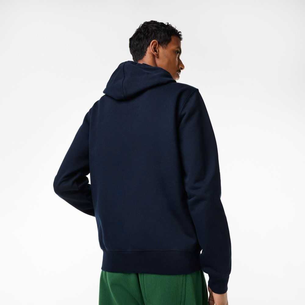 Navy Blue Lacoste Unbrushed Fleece Zipped Hoodie | YLXMZU-543