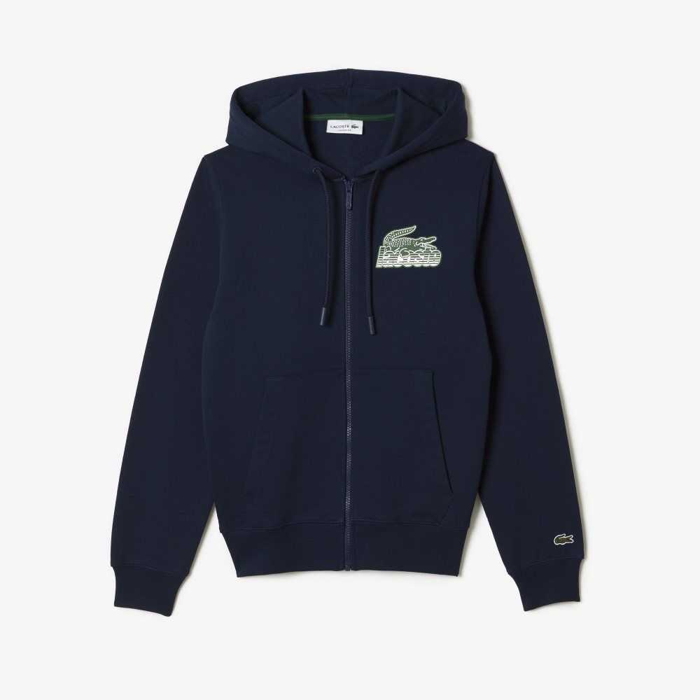 Navy Blue Lacoste Unbrushed Fleece Zipped Hoodie | YLXMZU-543