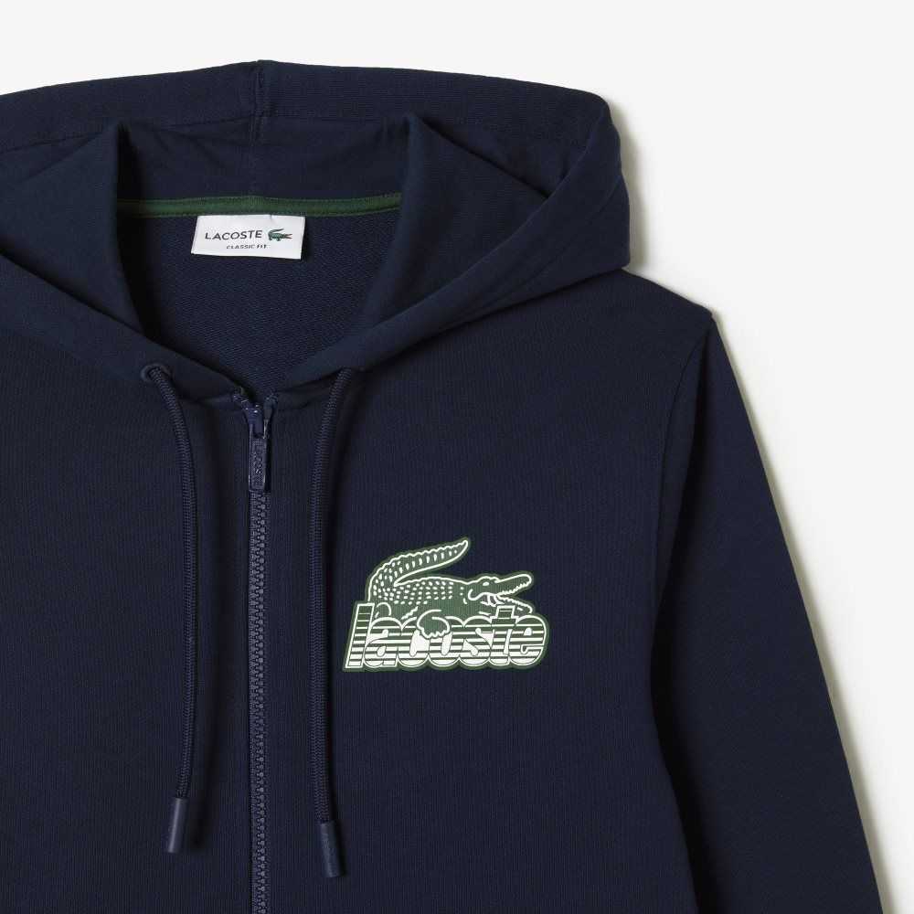 Navy Blue Lacoste Unbrushed Fleece Zipped Hoodie | YLXMZU-543