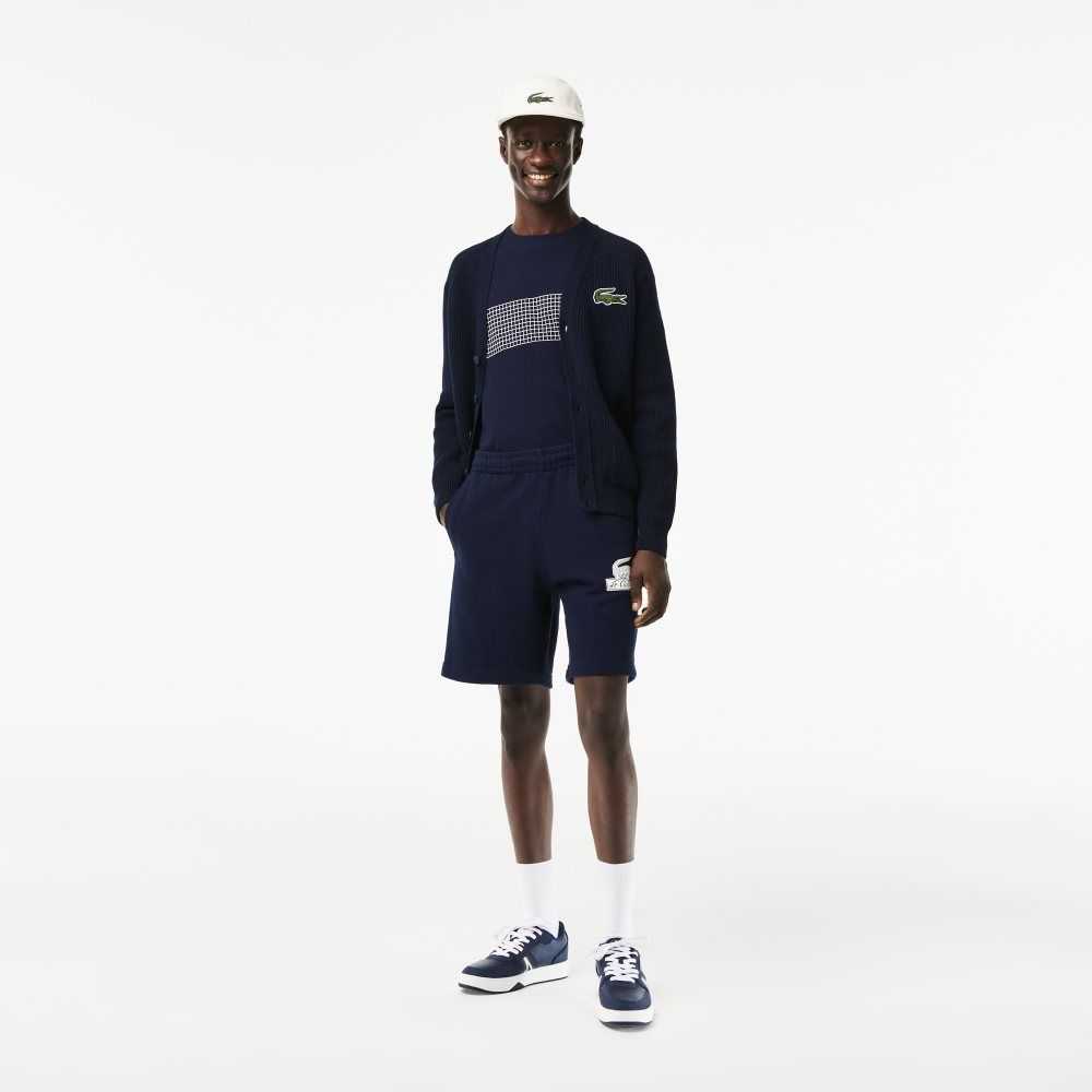 Navy Blue Lacoste Unbrushed Organic Cotton Fleece Shorts | BGXDJQ-637