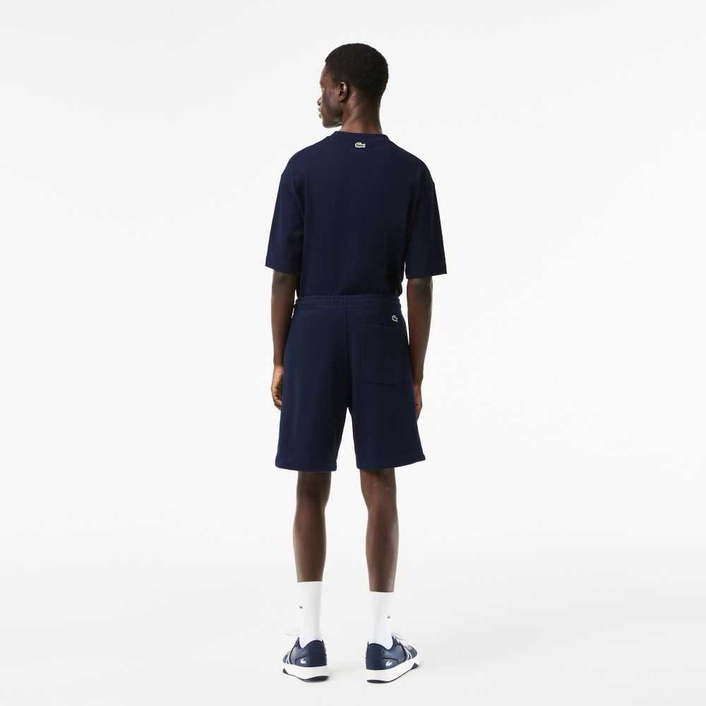 Navy Blue Lacoste Unbrushed Organic Cotton Fleece Shorts | BGXDJQ-637