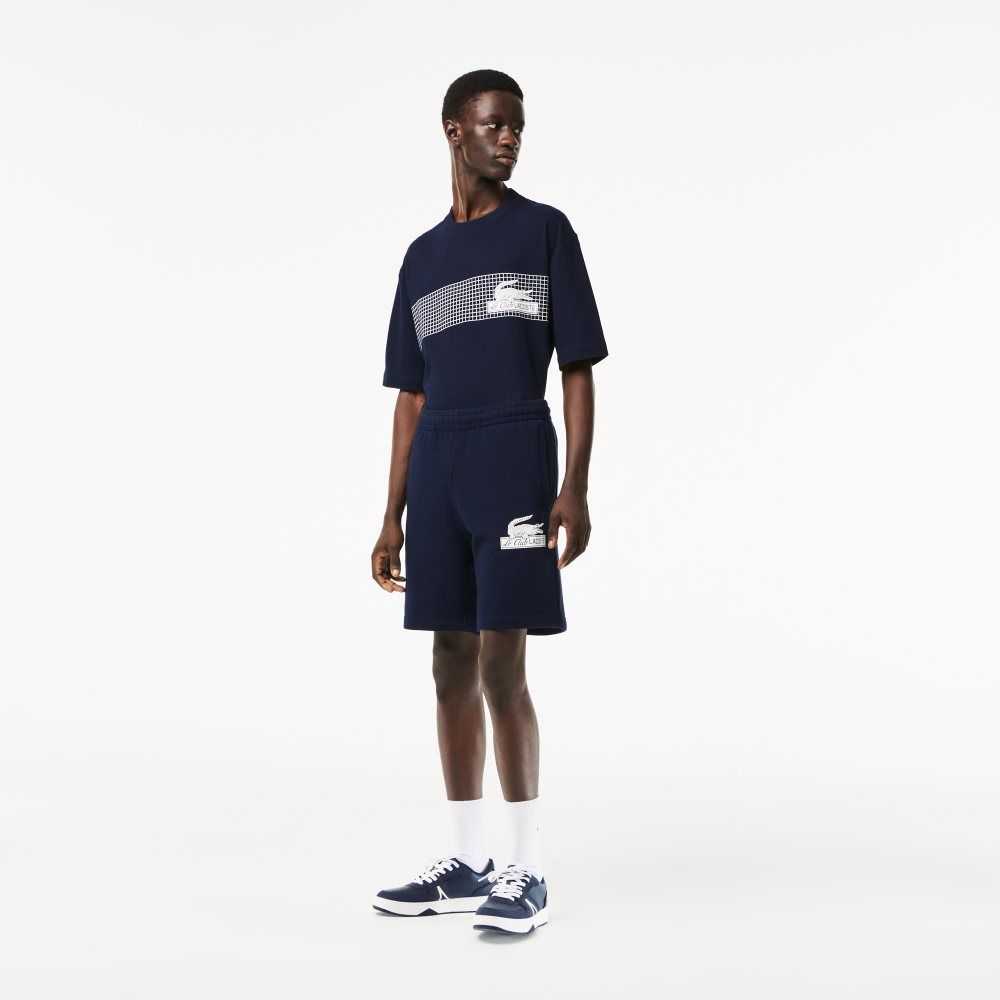 Navy Blue Lacoste Unbrushed Organic Cotton Fleece Shorts | BGXDJQ-637