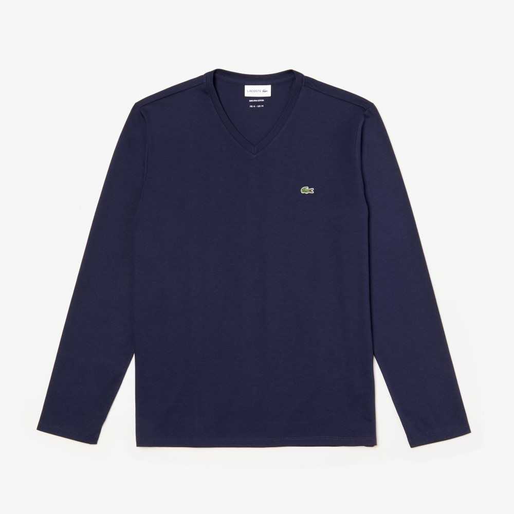 Navy Blue Lacoste V-Neck Lightweight Pima Cotton Jersey T-Shirt | RUPNMS-971