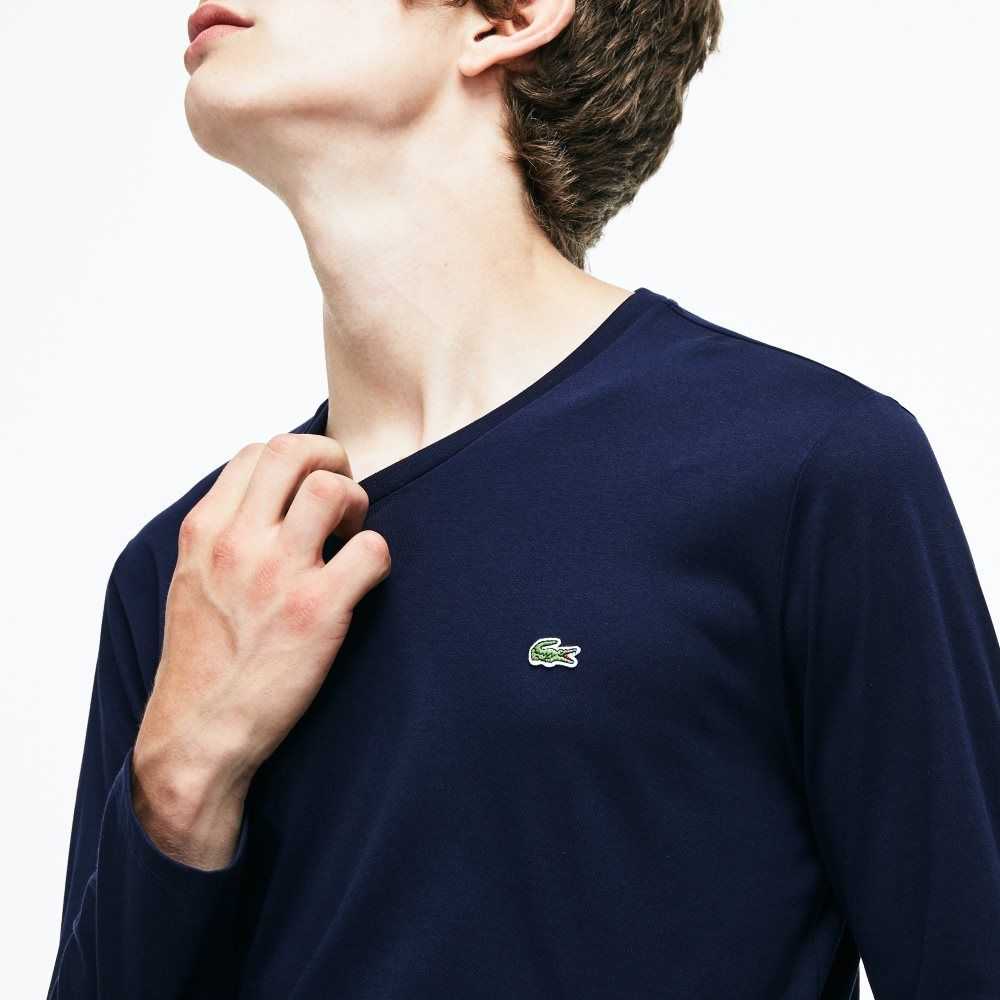 Navy Blue Lacoste V-Neck Lightweight Pima Cotton Jersey T-Shirt | RUPNMS-971