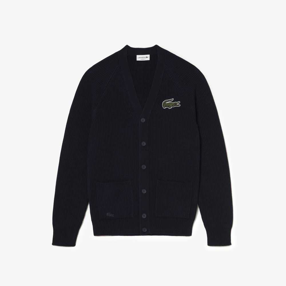 Navy Blue Lacoste V-Neck Organic Cotton Cardigan | DGXUFL-570