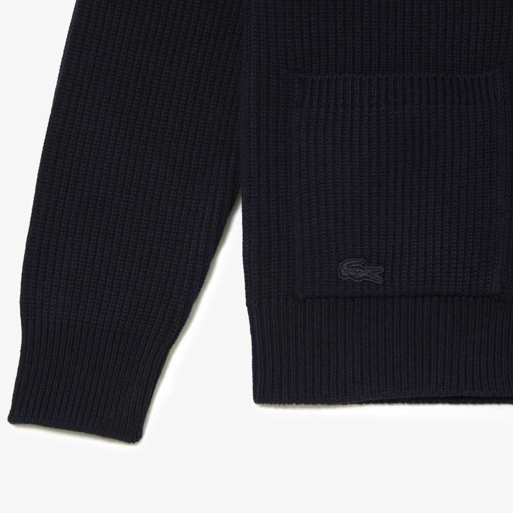 Navy Blue Lacoste V-Neck Organic Cotton Cardigan | LXISVM-316