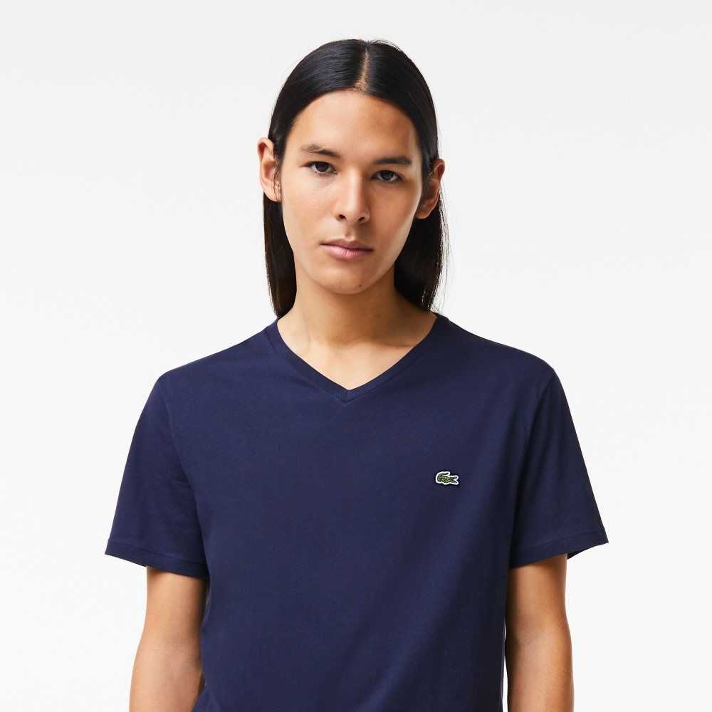 Navy Blue Lacoste V-Neck Pima Cotton Jersey T-Shirt | ORQBNM-891