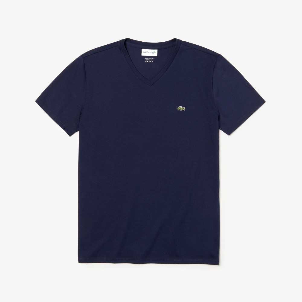 Navy Blue Lacoste V-Neck Pima Cotton Jersey T-Shirt | ORQBNM-891