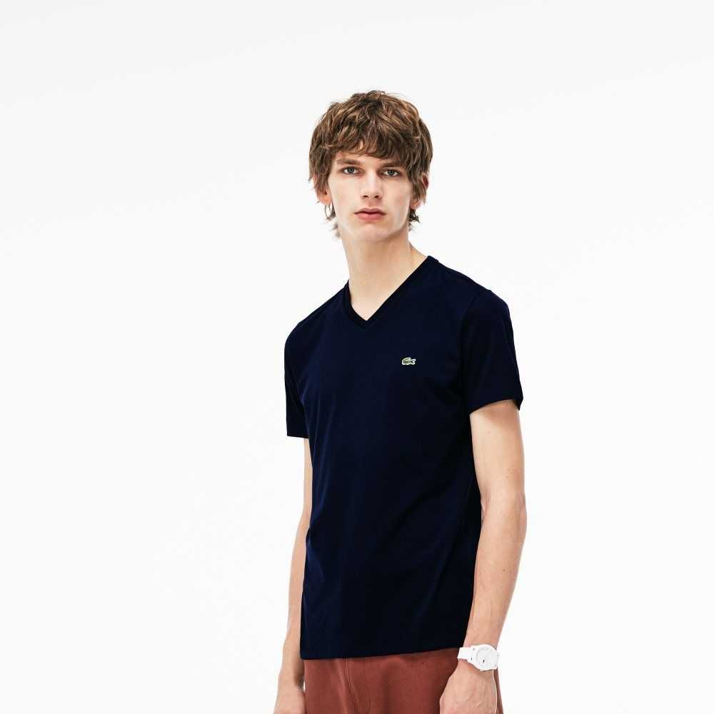 Navy Blue Lacoste V-Neck Pima Cotton Jersey T-Shirt | ORQBNM-891