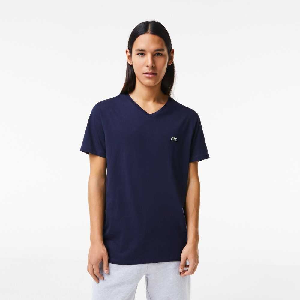 Navy Blue Lacoste V-Neck Pima Cotton Jersey T-Shirt | ORQBNM-891