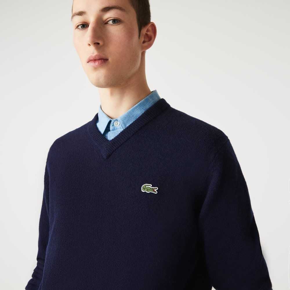 Navy Blue Lacoste V-Neck Wool Sweater | OQKZUC-407