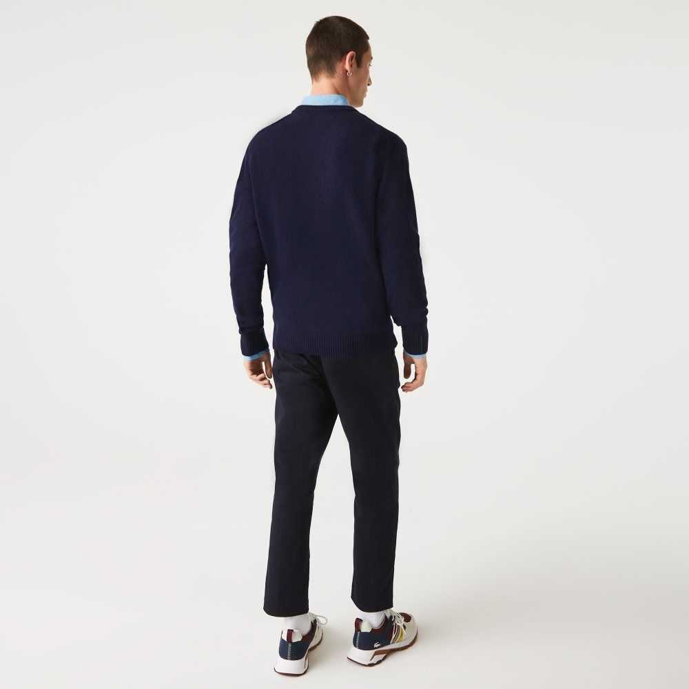 Navy Blue Lacoste V-Neck Wool Sweater | OQKZUC-407