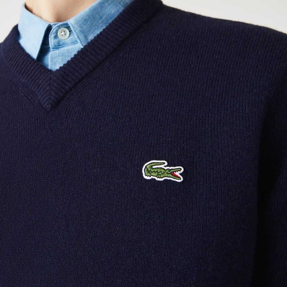 Navy Blue Lacoste V-Neck Wool Sweater | OQKZUC-407