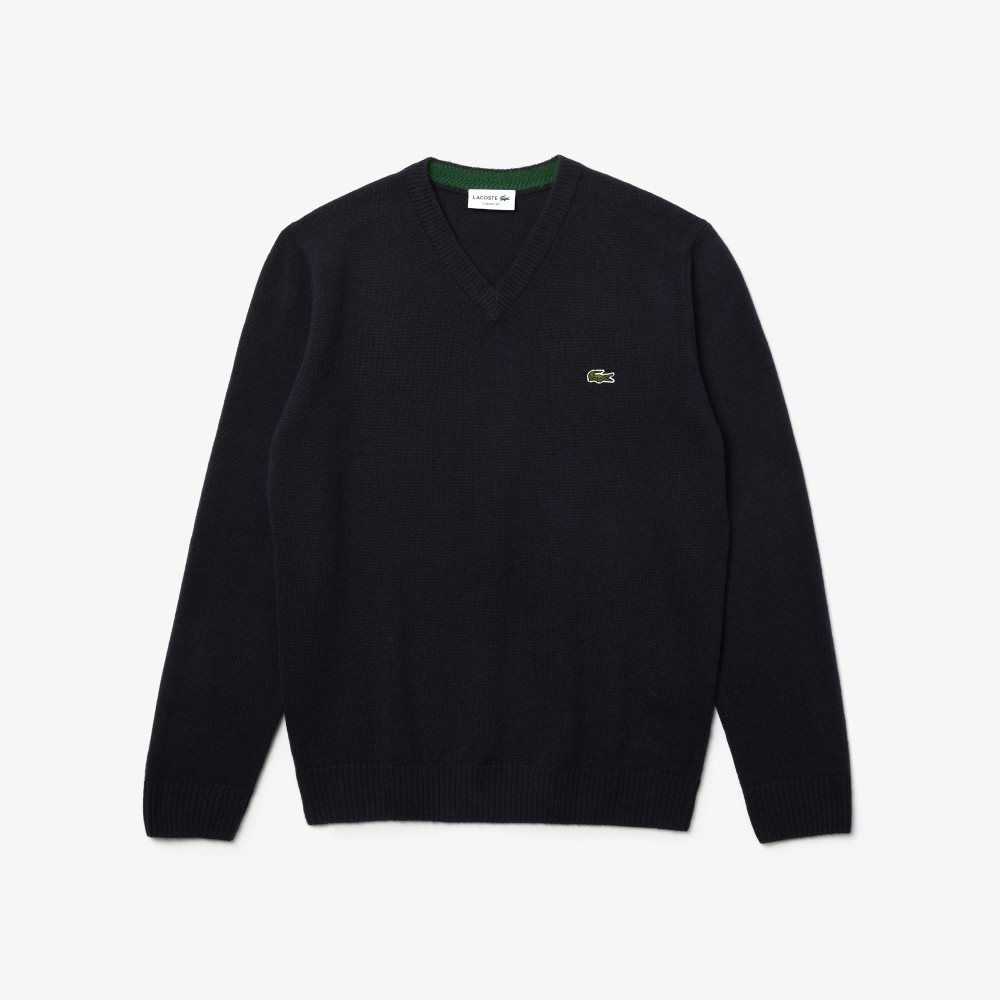 Navy Blue Lacoste V-Neck Wool Sweater | OQKZUC-407