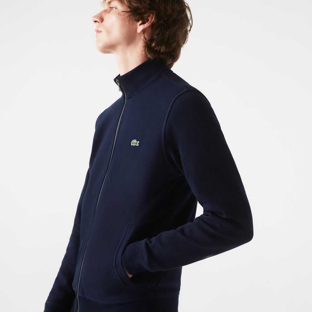 Navy Blue Lacoste Zippered Stand-Up Collar Pique Fleece Jacket | VJEIQP-598