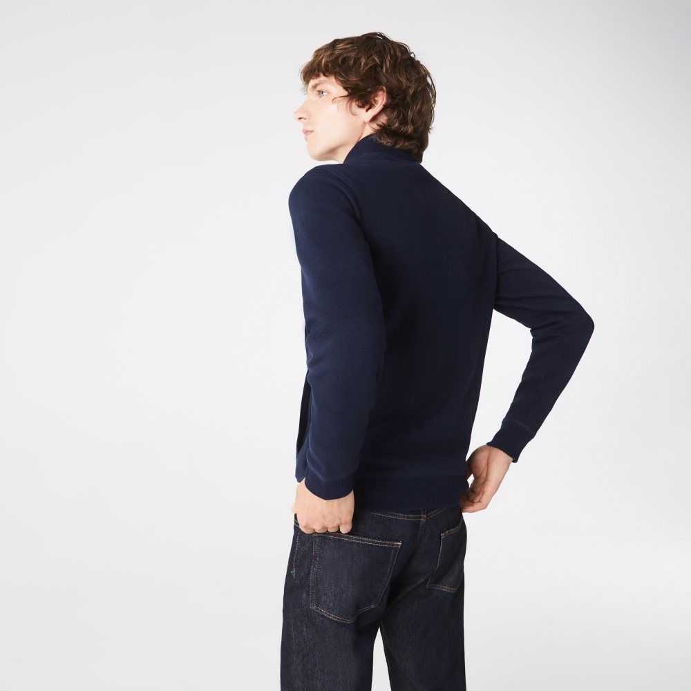 Navy Blue Lacoste Zippered Stand-Up Collar Pique Fleece Jacket | VJEIQP-598