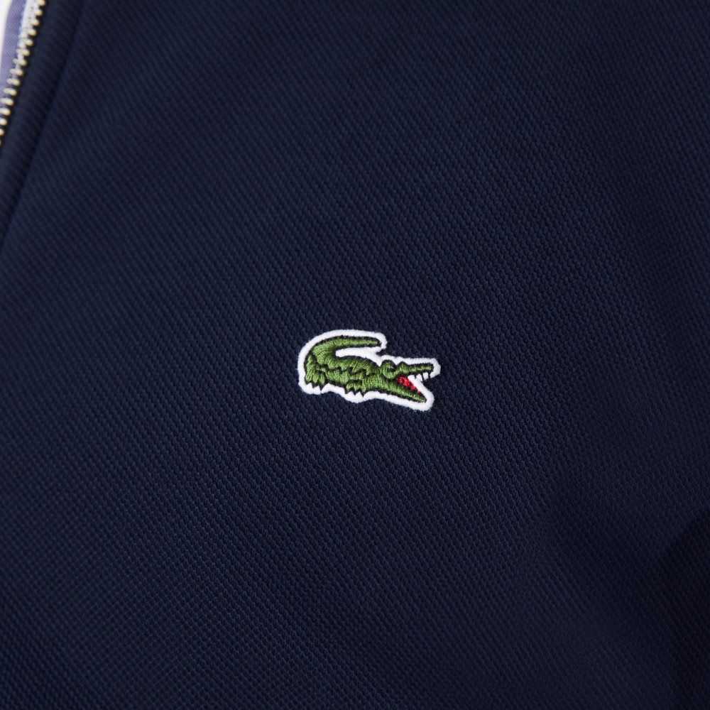 Navy Blue Lacoste Zippered Stand-Up Collar Pique Fleece Jacket | VJEIQP-598