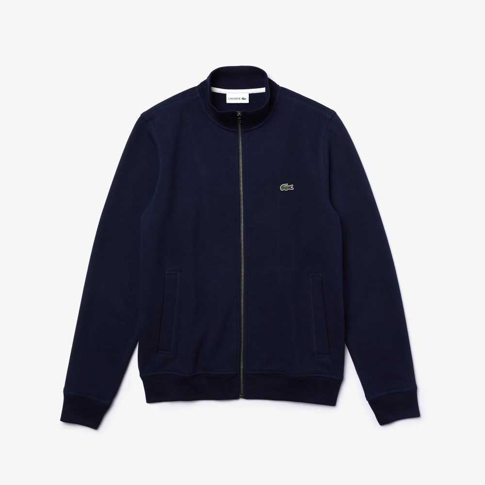 Navy Blue Lacoste Zippered Stand-Up Collar Pique Fleece Jacket | VJEIQP-598