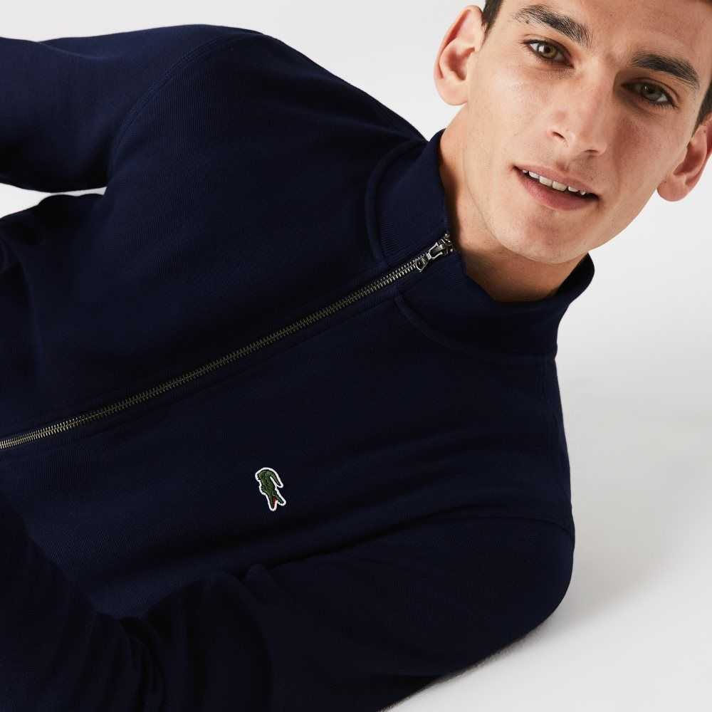 Navy Blue Lacoste Zippered Stand-Up Collar Pique Fleece Jacket | VJEIQP-598