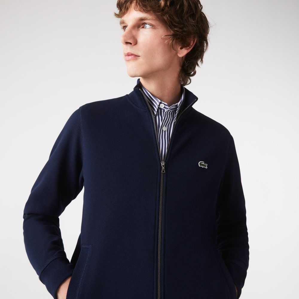 Navy Blue Lacoste Zippered Stand-Up Collar Pique Fleece Jacket | VJEIQP-598