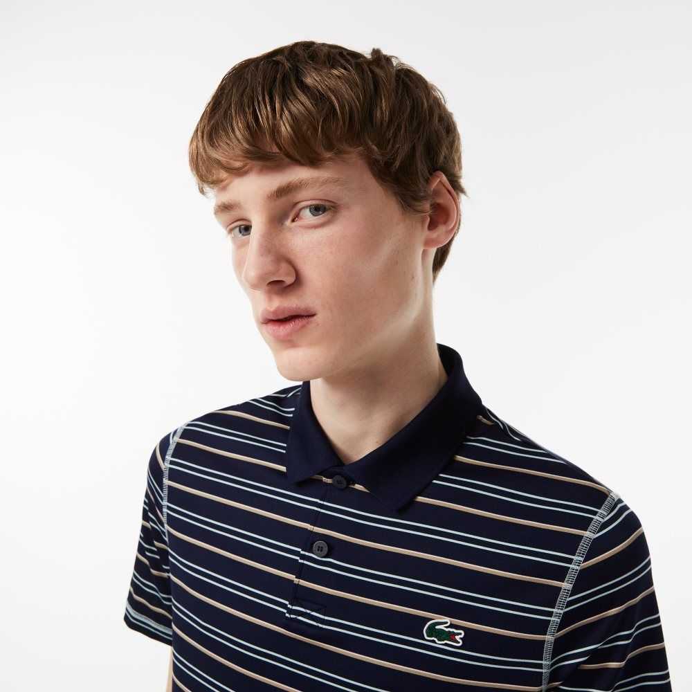 Navy Blue / Light Green / White / Beige Lacoste Golf Recycled Polyester Stripe Polo | GASKMC-638