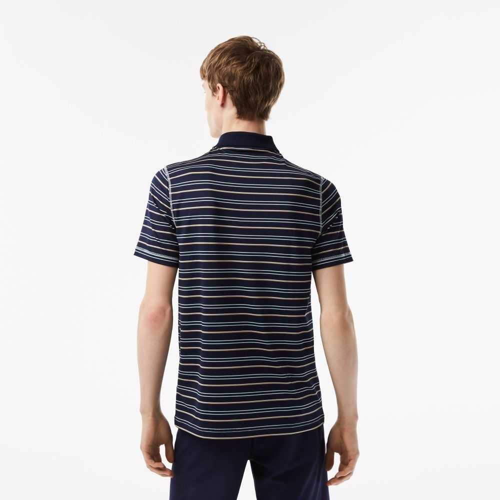 Navy Blue / Light Green / White / Beige Lacoste Golf Recycled Polyester Stripe Polo | GASKMC-638