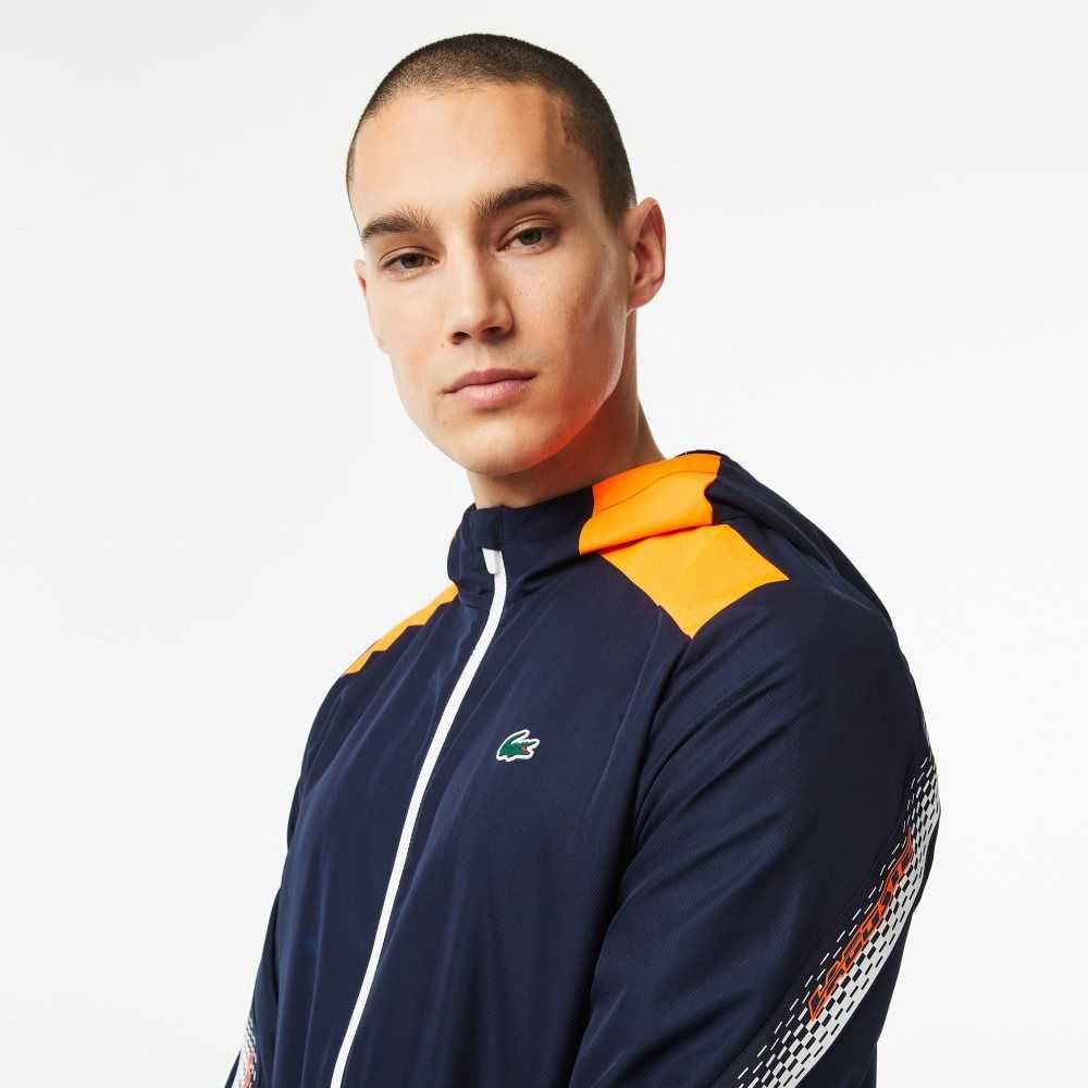 Navy Blue / Orange / White / Orange / White Lacoste Tennis Recycled Polyester Hooded Jacket | JLIHOT-628