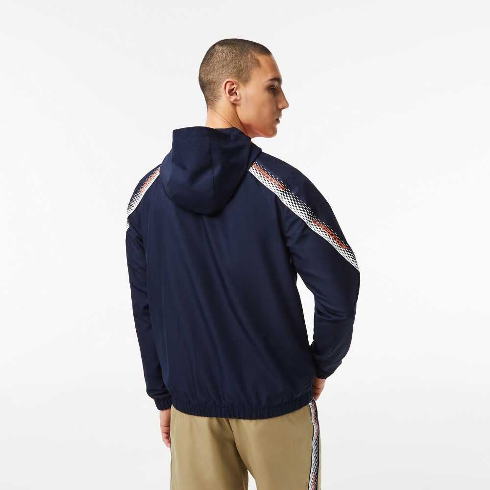 Navy Blue / Orange / White / Orange / White Lacoste Tennis Recycled Polyester Hooded Jacket | JLIHOT-628