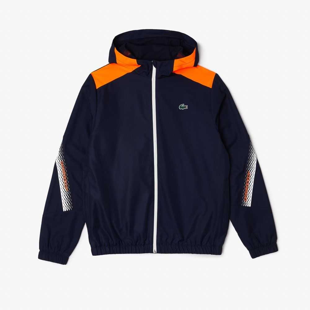 Navy Blue / Orange / White / Orange / White Lacoste Tennis Recycled Polyester Hooded Jacket | JLIHOT-628