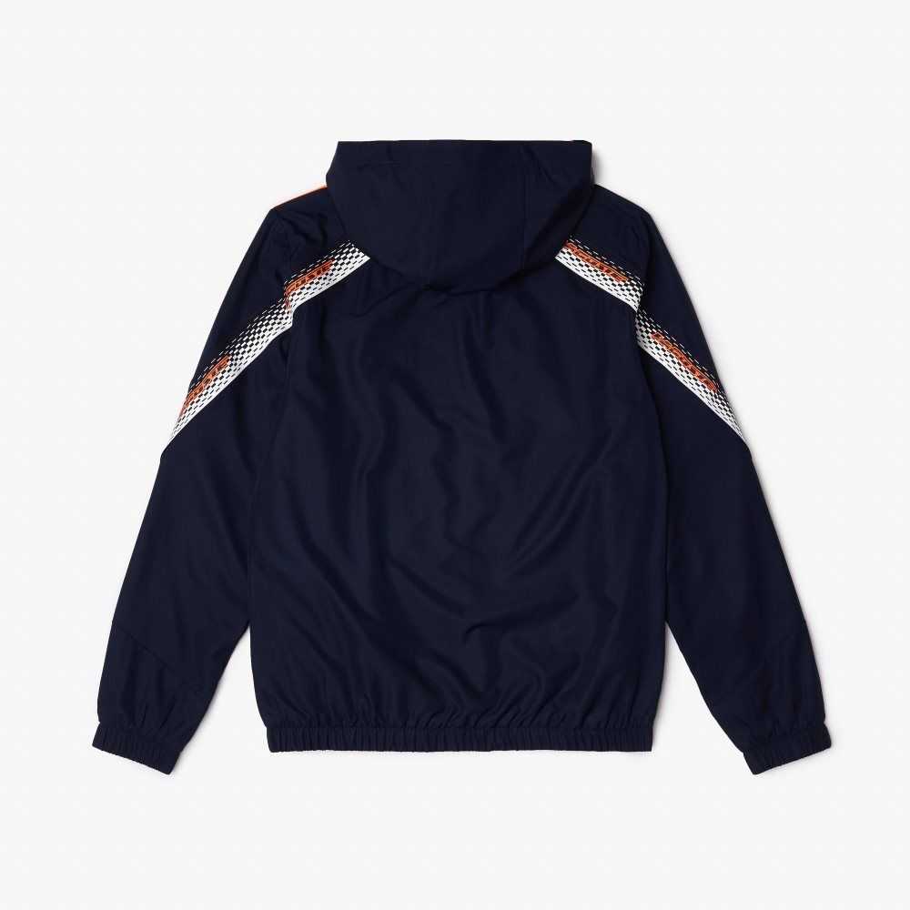 Navy Blue / Orange / White / Orange / White Lacoste Tennis Recycled Polyester Hooded Jacket | JLIHOT-628