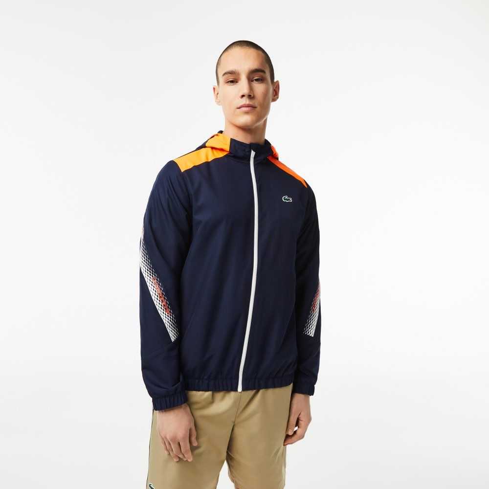 Navy Blue / Orange / White / Orange / White Lacoste Tennis Recycled Polyester Hooded Jacket | JLIHOT-628