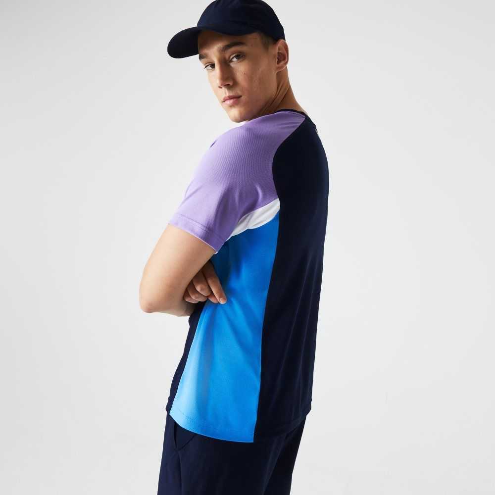 Navy Blue / Purple / White / Blue Lacoste SPORT Color-Block Ultra-Dry Pique Tennis T-Shirt | VCFHST-854