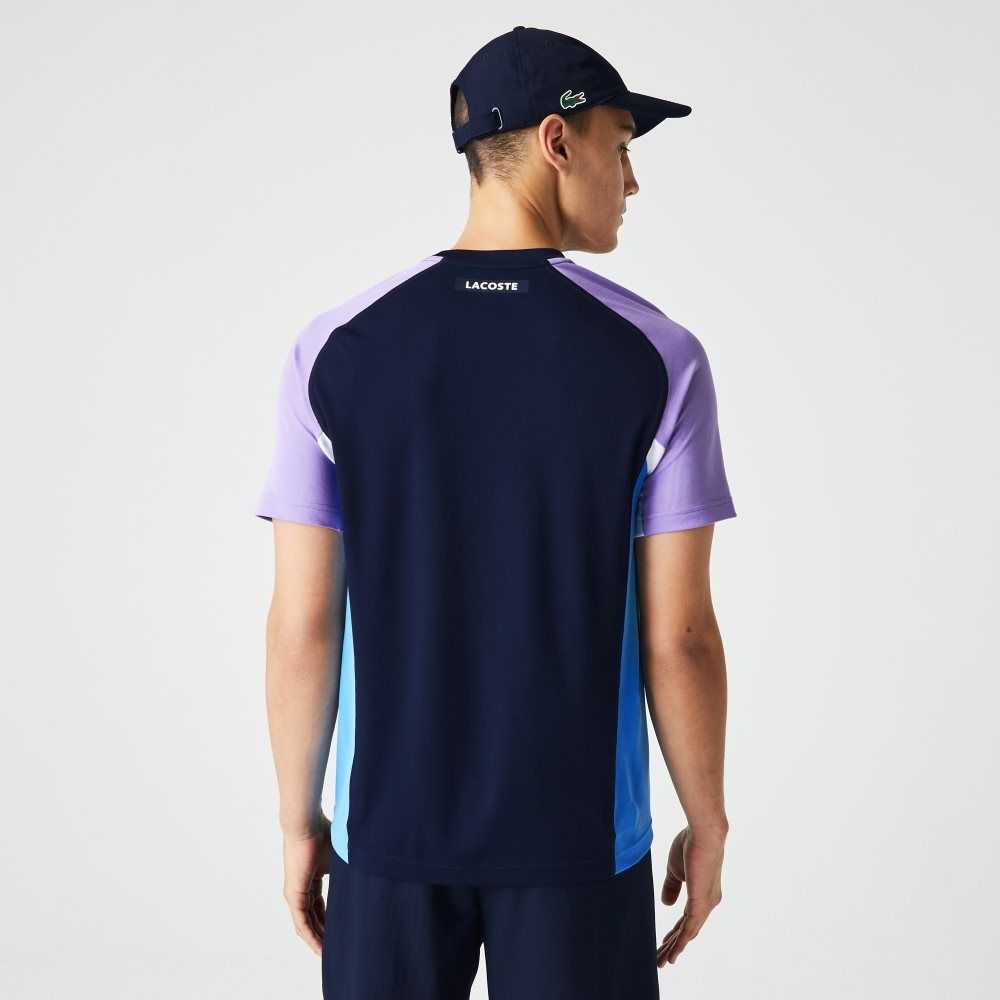 Navy Blue / Purple / White / Blue Lacoste SPORT Color-Block Ultra-Dry Pique Tennis T-Shirt | VCFHST-854