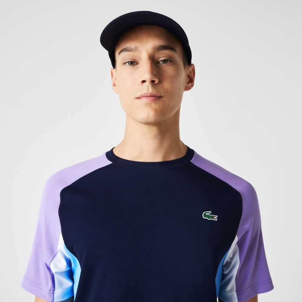 Navy Blue / Purple / White / Blue Lacoste SPORT Color-Block Ultra-Dry Pique Tennis T-Shirt | VCFHST-854