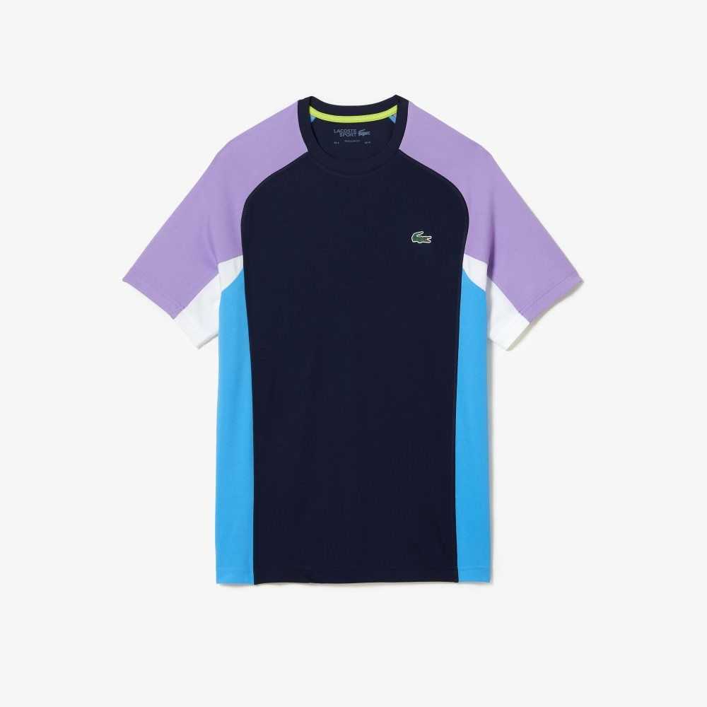 Navy Blue / Purple / White / Blue Lacoste SPORT Color-Block Ultra-Dry Pique Tennis T-Shirt | VCFHST-854