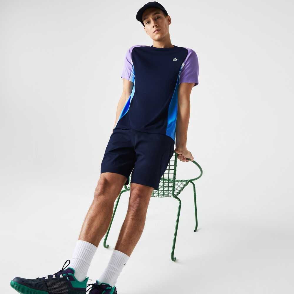 Navy Blue / Purple / White / Blue Lacoste SPORT Color-Block Ultra-Dry Pique Tennis T-Shirt | VCFHST-854