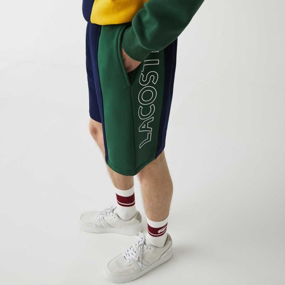 Navy Blue / Red / Green Lacoste Branded Cotton Fleece Blend Shorts | OXIUZF-379