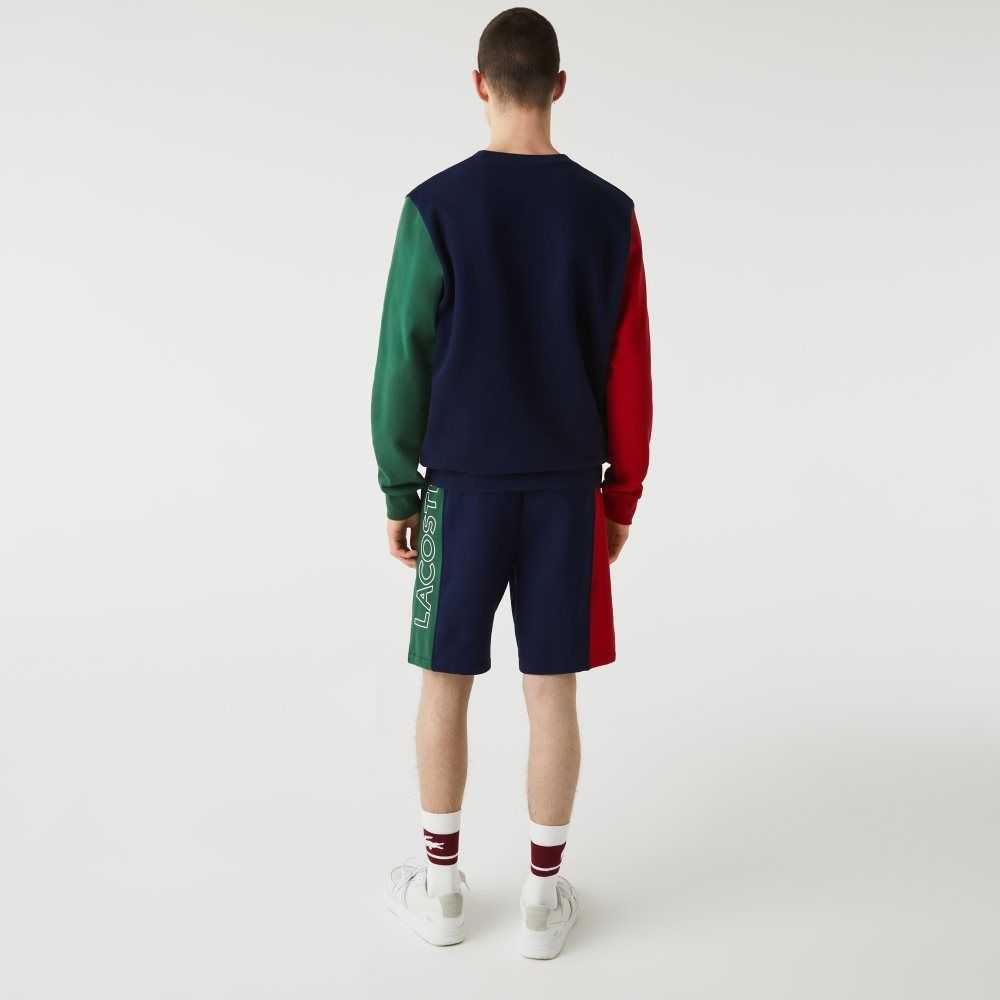 Navy Blue / Red / Green Lacoste Branded Cotton Fleece Blend Shorts | OXIUZF-379