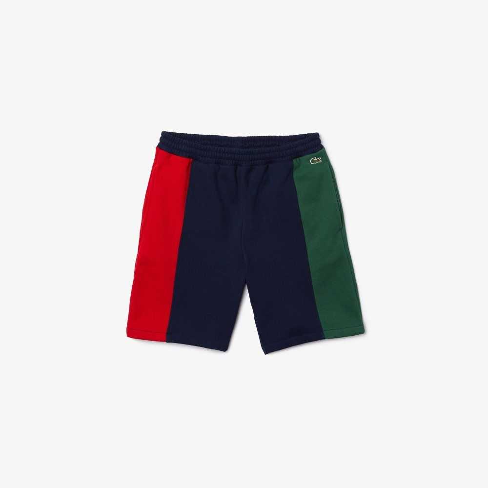 Navy Blue / Red / Green Lacoste Branded Cotton Fleece Blend Shorts | OXIUZF-379